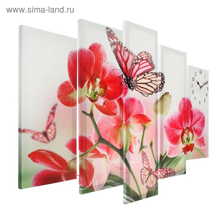 Часы настенные, модульные, серия: Цветы,  Часы настенные, модульные, серия: Цветы, "Орхидеи и бабочка", 80х140  см