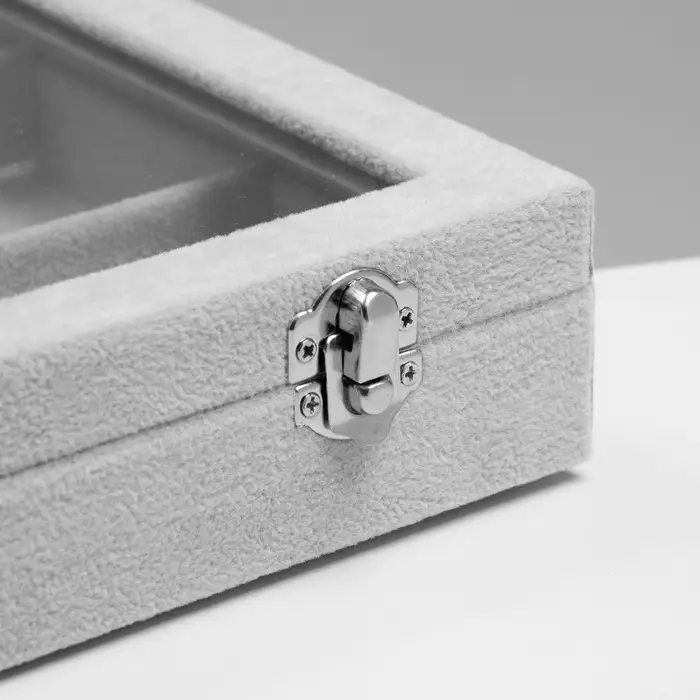 Шкатулка для украшений 12 ячеек, 35&times;24&times;4.5, стеклянная крышка, серая