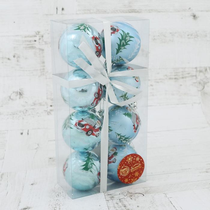 Набор шаров пластик d-6 см, 8 шт Набор шаров пластик d-6 см, 8 шт "Дед Мороз на автомобиле" голубой