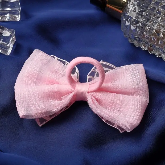 Резинка для волос "Бантик" хрусталь полосы, 11 см, розовый