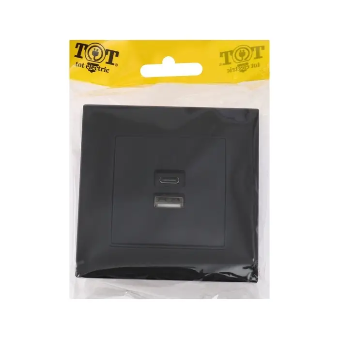 Розетка TOT Glossy Glass, 5 В, 2.1 A, разъёмы USB-A + USB-C, стекло, скрытая, чёрная