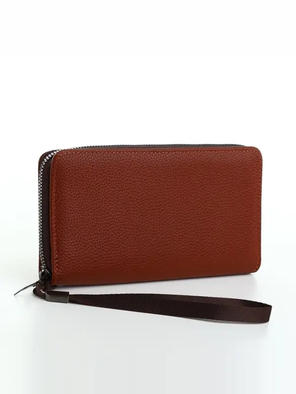 Портмоне мужское, с ручкой, на молнии, 4 отделения, коричневое