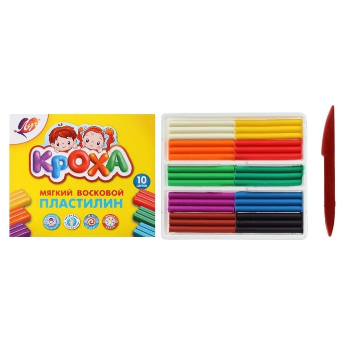 Пластилин мягкий (восковой), 10 цветов, 150 г,  Пластилин мягкий (восковой), 10 цветов, 150 г, "Кроха", со стеком