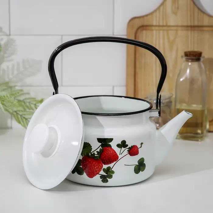 Чайник, 1.5 л, эмалированная сталь, деколь МИКС, белый