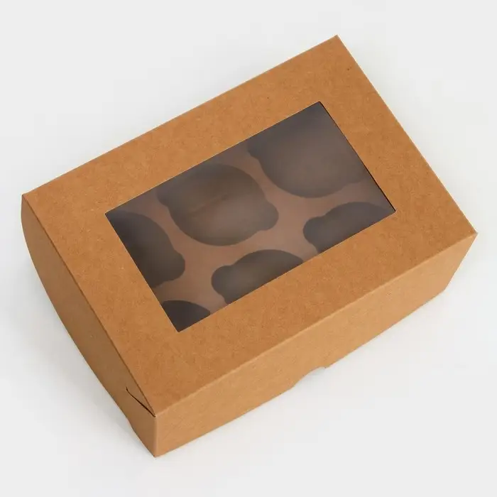 Коробка для 6 мини - капкейков крафт с окном, 18.6×13.1×8 см Коробка для 6 мини - капкейков крафт с окном, 18.6×13.1×8 см