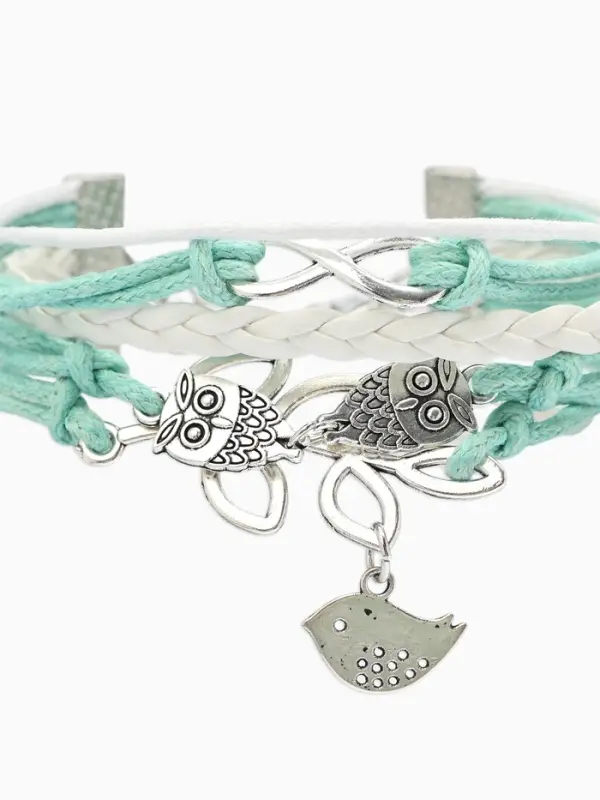 Браслет кожаный &laquo;Совы, веточка и знак бесконечности&raquo;, L=20 см, 5 нитей, бирюзовый