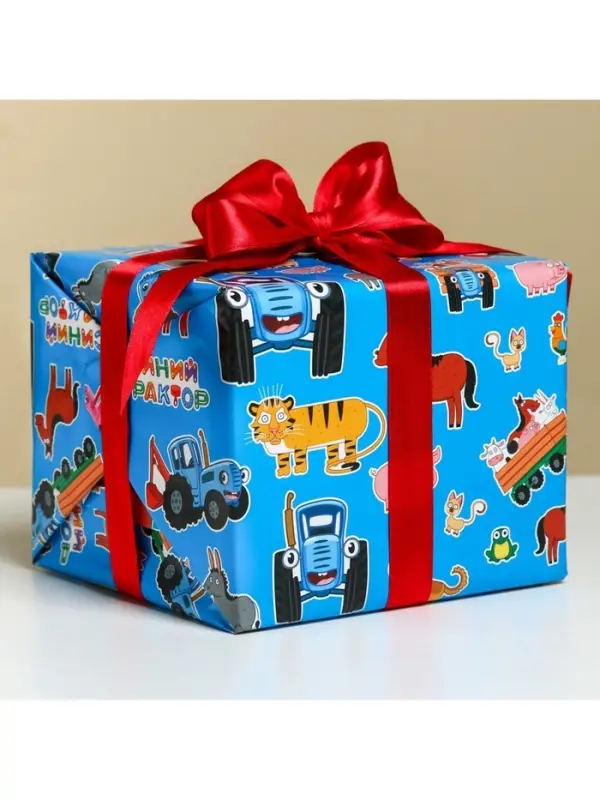 Бумага упаковочная глянцевая, Синий трактор, 70х100 см