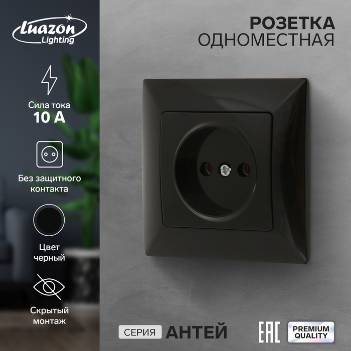 Розетка одноместная Luazon Lighting  Розетка одноместная Luazon Lighting "Антей", 10 А, скрытая, без з/к, черная