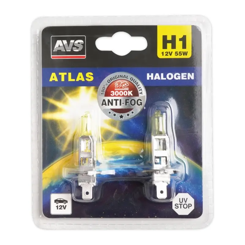 Галогенная лампа AVS /ATLAS ANTI-FOG/желтый H1.12V.55W.блистер 2шт.