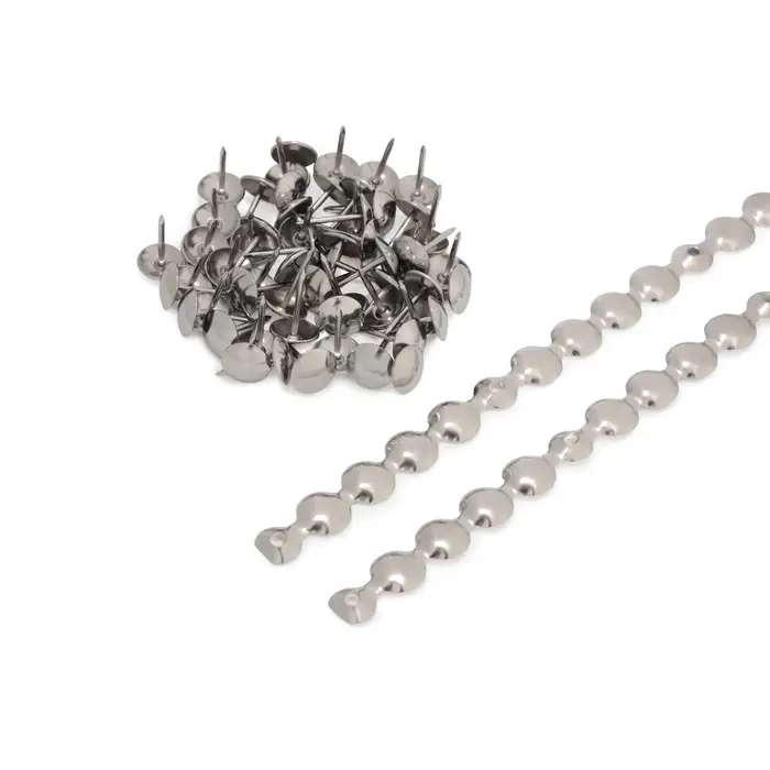 Лента декоративных гвоздей ТУНДРА, длина 1 м, 11×16 мм, хром, 10 шт. Лента декоративных гвоздей ТУНДРА, длина 1 м, 11×16 мм, хром, 10 шт.