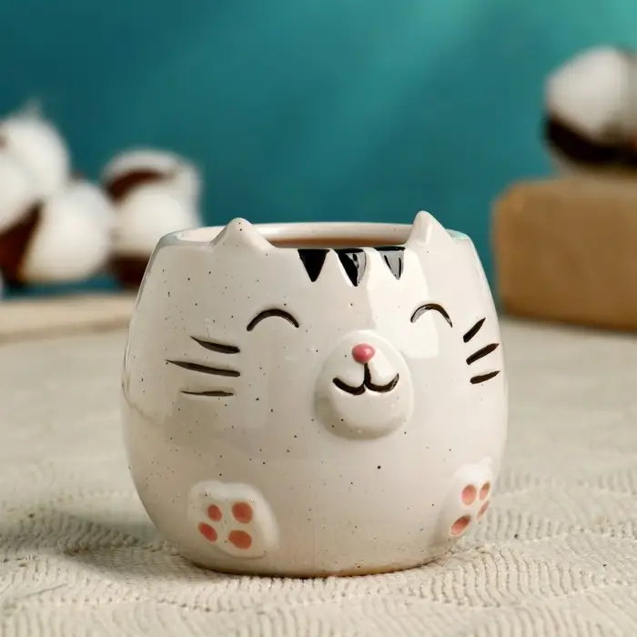 Горшок для цветов &laquo;Котёнок&raquo;, 200 мл,8&times;8&times;8 см, керамический, белый, Greengo