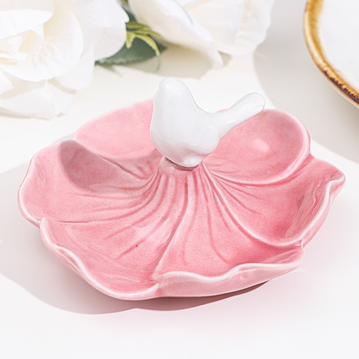 Подставка для колец Подставка для колец "Птичка на цветке", розово-белый, 12х6 см