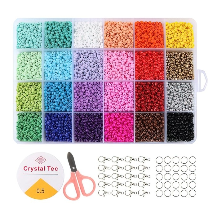 Набор для создания украшений, 24 цвета, размер 1 штуки: 3 мм., леска, ножницы, фурнитура Набор для создания украшений, 24 цвета, размер 1 штуки: 3 мм., леска, ножницы, фурнитура
