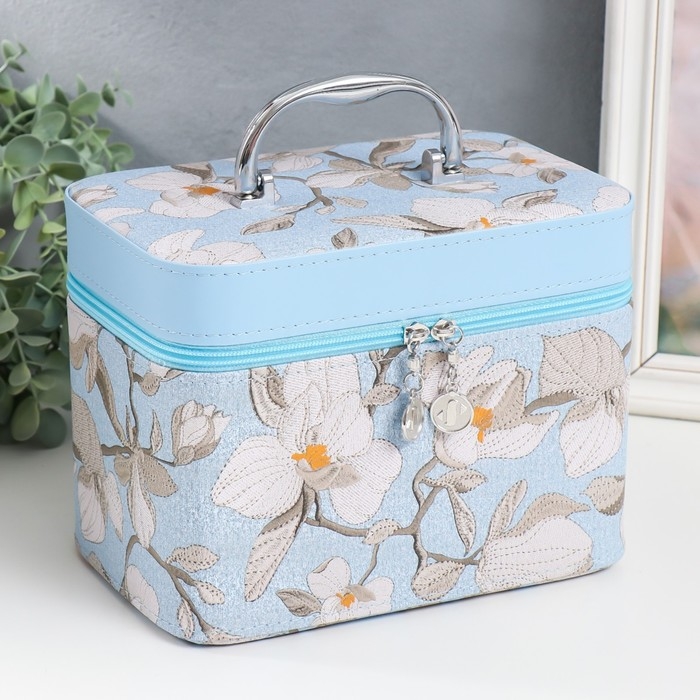 Шкатулка кожзам с зеркалом  Шкатулка кожзам с зеркалом "Цветы. Голубой" набор 3 шт 18х10х12,5 21х13х15,5 23х15х18,5 см