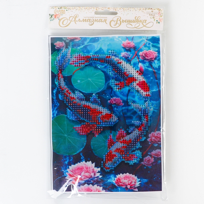 Алмазная мозаика с частичным заполнением на холсте «Карпы»‎, 15 х 21 см