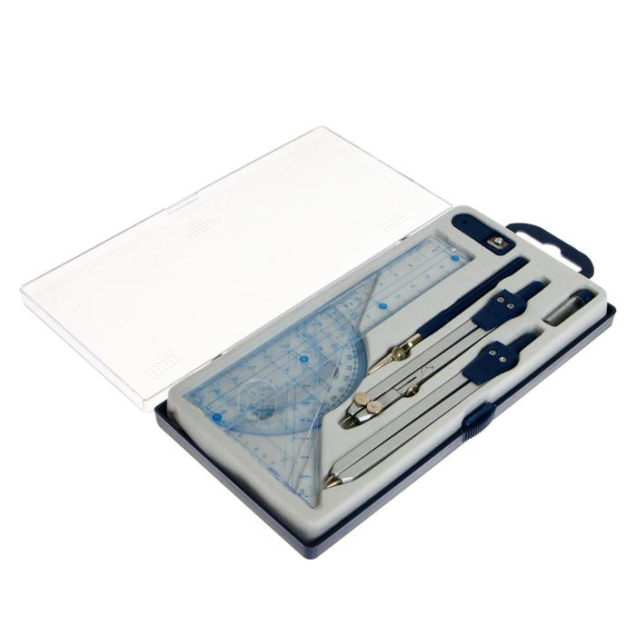 Набор чертежный 9 предметов (2 циркуля - 130 мм, грифель, точилка, рейсфедер, линейка, транспортир, 2 угольника), в пластиковом пенале Набор чертежный 9 предметов (2 циркуля - 130 мм, грифель, точилка, рейсфедер, линейка, транспортир, 2 угольника), в пластиковом пенале