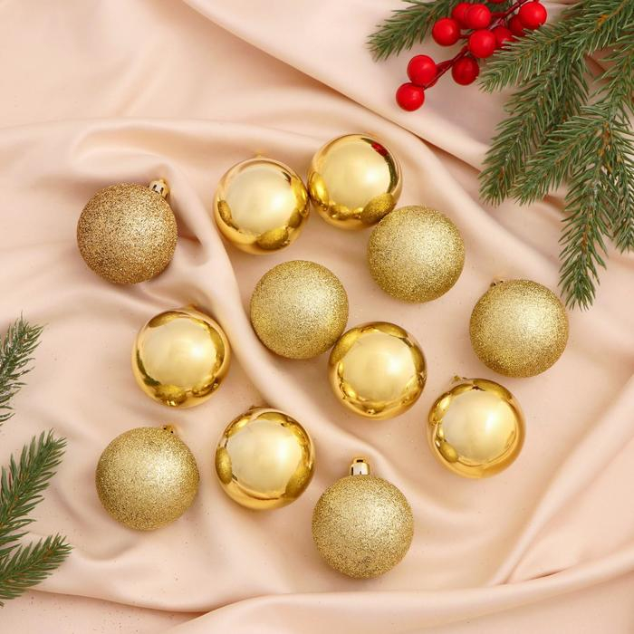Набор шаров пластик d-5 см, 12 шт Набор шаров пластик d-5 см, 12 шт "Глянцевый блеск" золото