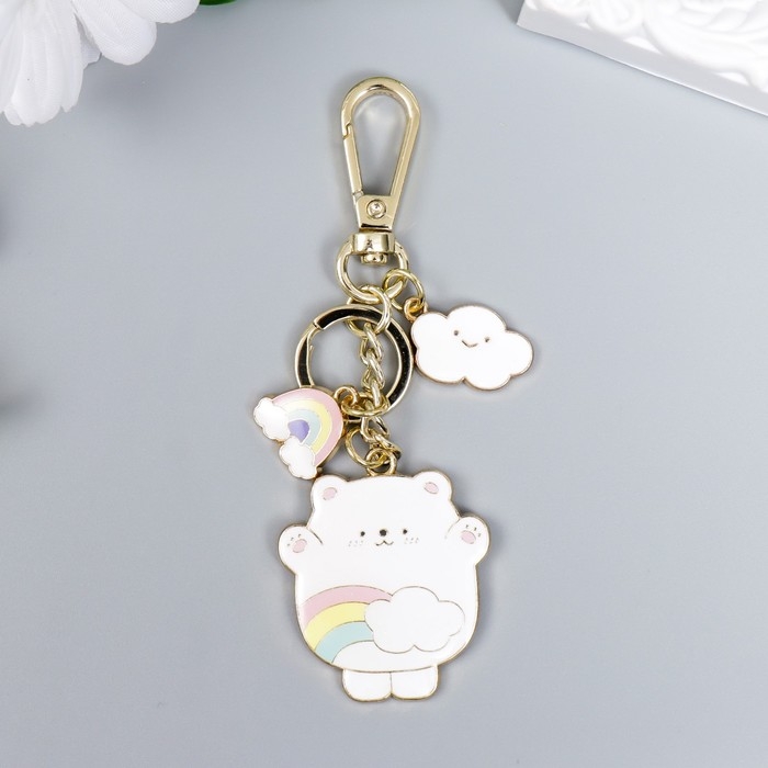 Брелок металл, эмаль с карабином Брелок металл, эмаль с карабином "Белый мишка с облаком и радугой"