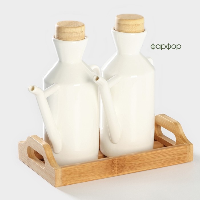 Ёмкости для соусов фарфоровые на подставке из бамбука BellaTenero, 3 предмета: 2 соусника 420 мл, подставка 17×7,2×17 см, цвет белый Ёмкости для соусов фарфоровые на подставке из бамбука BellaTenero, 3 предмета: 2 соусника 420 мл, подставка 17×7,2×17 см, цвет белый