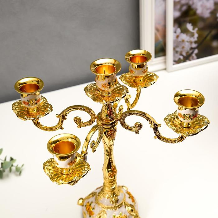 Подсвечник металл на 5 свечей Подсвечник металл на 5 свечей "Розы. Белая эмаль" цвет золото 32х30х30 см