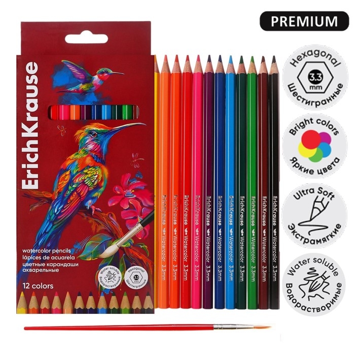 Карандаши акварельные 12 цветов ErichKrause Safari, шестигранные, с кисточкой, европодвес Карандаши акварельные 12 цветов ErichKrause Safari, шестигранные, с кисточкой, европодвес
