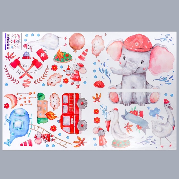 Наклейка пластик интерьерная цветная Наклейка пластик интерьерная цветная "Слонёнок пожарный" 60х90 см