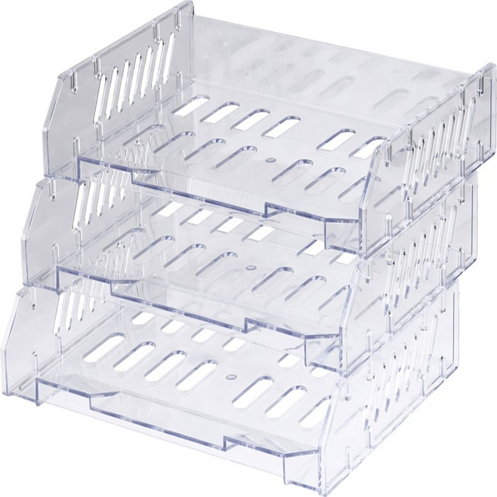 Набор лотков для бумаг горизонтальных с широкой загрузкой,  Набор лотков для бумаг горизонтальных с широкой загрузкой, "Сити", 3 шт., на металлических стержнях, прозрачный