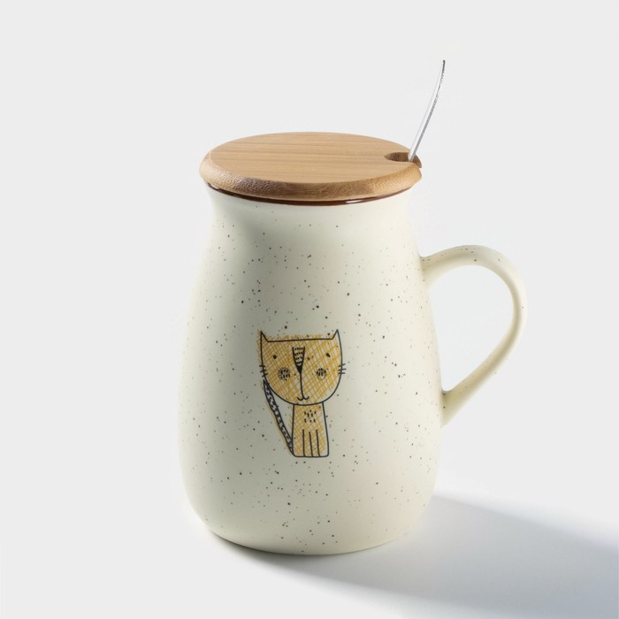 Кружка керамическая с деревянной крышкой и ложкой «Пэтти», 350 мл, рисунок МИКС Кружка керамическая с деревянной крышкой и ложкой «Пэтти», 350 мл, рисунок МИКС