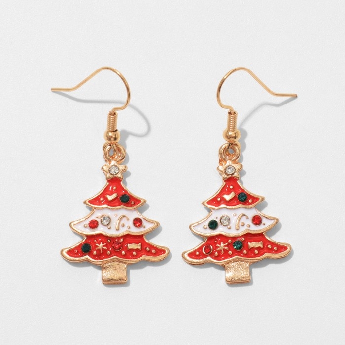 Новый год! Серьги «Ёлочк»и в украшениях, цвет бело-красный в золоте Новый год! Серьги «Ёлочк»и в украшениях, цвет бело-красный в золоте