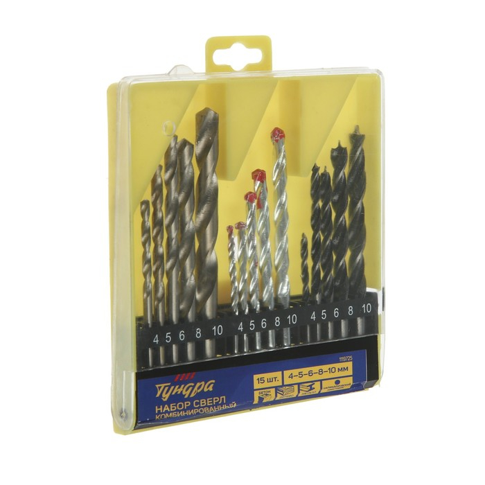 Набор сверл комбинированный ТУНДРА, цилиндрический хвостовик, 4-5-6-8-10 мм, 15 шт. Набор сверл комбинированный ТУНДРА, цилиндрический хвостовик, 4-5-6-8-10 мм, 15 шт.
