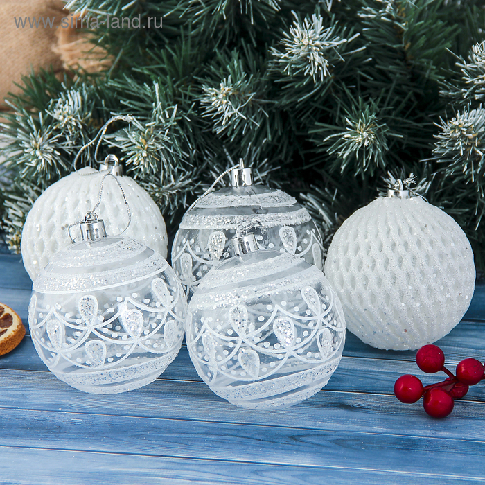 Набор шаров пластик d-8 см, 5 шт Набор шаров пластик d-8 см, 5 шт "Изморозь" белый