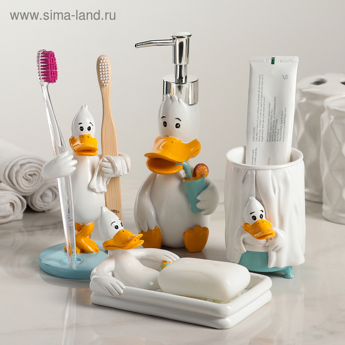 Набор аксессуаров для ванной комнаты «Утиные истории», 4 предмета (дозатор 200 мл, мыльница, стакан, подставка для щёток), цвет белый Набор аксессуаров для ванной комнаты «Утиные истории», 4 предмета (дозатор 200 мл, мыльница, стакан, подставка для щёток), цвет белый