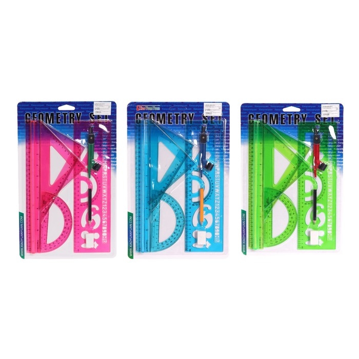 Набор геометрический, чертежный, блистер: линейка 30 см, 2 треугольника, транспортир, ластик, циркуль, линейка с трафаретами, тонированный, МИКС Набор геометрический, чертежный, блистер: линейка 30 см, 2 треугольника, транспортир, ластик, циркуль, линейка с трафаретами, тонированный, МИКС