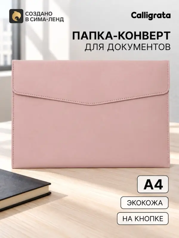 Папка-конверт на кнопке, формат А4, кожзам, розовая