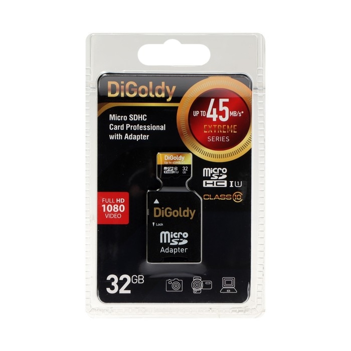 Карта памяти Digoldy MicroSD, 32 Гб, SDHC, UHS-1, класс 10, 45 Мб/с, с адаптером SD Карта памяти Digoldy MicroSD, 32 Гб, SDHC, UHS-1, класс 10, 45 Мб/с, с адаптером SD