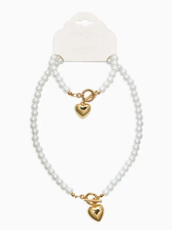 Набор 2 пред-та: бусы.браслет "Жемчуг", сердце, цвет белый в золоте L=18/42см №8