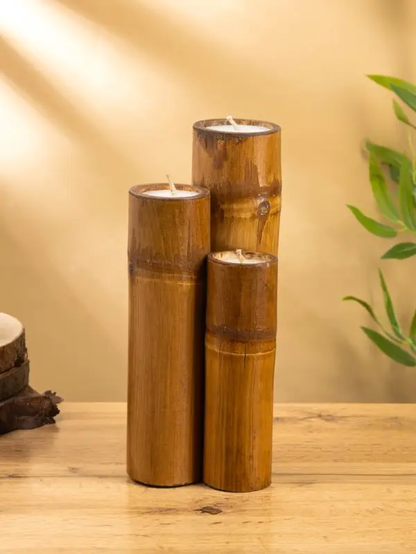 Свеча в бамбуке тройная, 14×15×30 см, 100 мл, бежевая