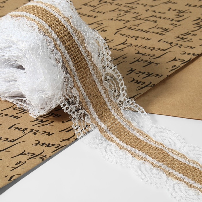 Лента из джута «Кружево», 60 мм, 4,5 ± 0,5 м, цвет белый Лента из джута «Кружево», 60 мм, 4,5 ± 0,5 м, цвет белый