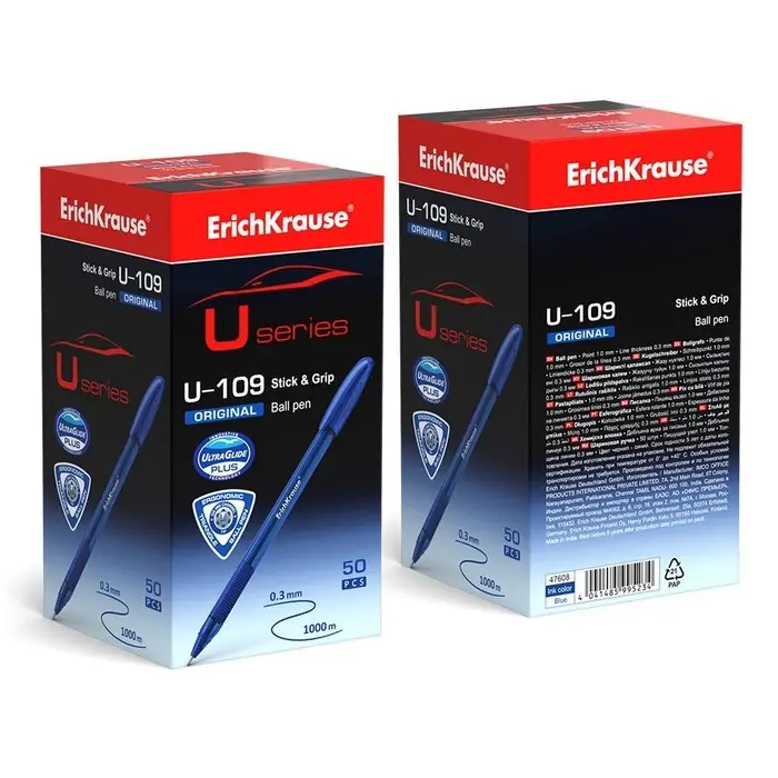 Ручка шариковая ErichKrause U-109 Original Stick&Grip, игольчатый узел 1.0 мм, чернила синие, резиновый держатель, супермягкое письмо Ручка шариковая ErichKrause U-109 Original Stick&Grip, игольчатый узел 1.0 мм, чернила синие, резиновый держатель, супермягкое письмо