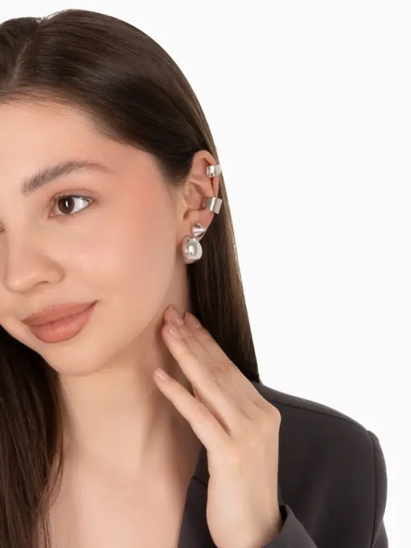 Серьги и кафф QF &laquo;Объёмные фигуры&raquo;, набор 4 шт. цвет серебро