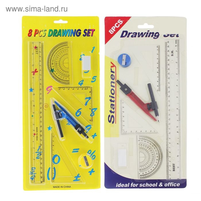 Набор геометрический: линейка 30 см, 2 угольника, транспортир, точилка, ластик, циркуль Набор геометрический: линейка 30 см, 2 угольника, транспортир, точилка, ластик, циркуль
