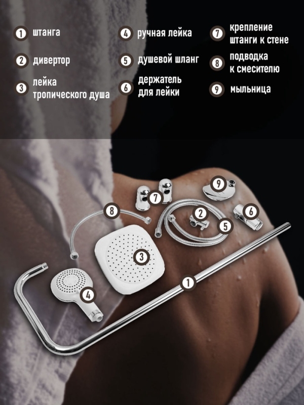 Душевая система ZEIN Z4312, тропич и ручная лейка 3 режима, шланги, стойка, мыльница, хром Душевая система ZEIN Z4312, тропич и ручная лейка 3 режима, шланги, стойка, мыльница, хром