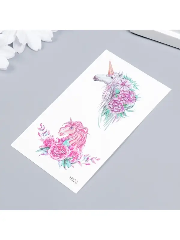 Переводные тату на тело цветные «Единороги и пионы», 10.5×6 см Переводные тату на тело цветные «Единороги и пионы», 10.5×6 см