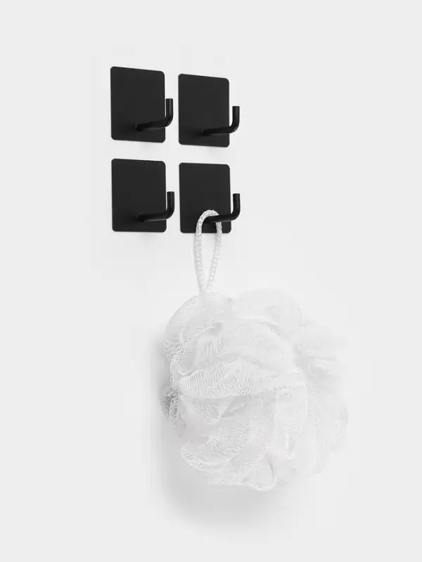 Набор крючков металлических на липучке 4 шт, квадрат, цвет черный