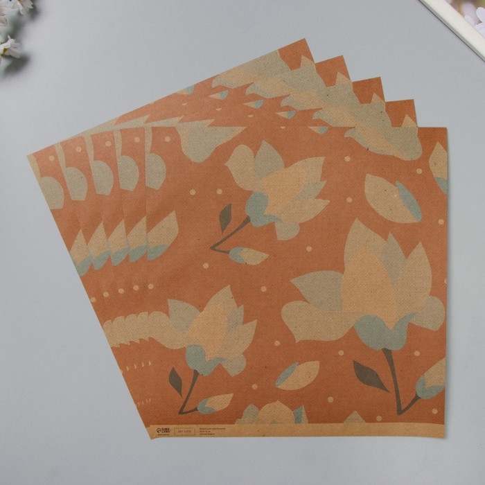 Бумага для скрапбукинга двусторонняя крафт Бумага для скрапбукинга двусторонняя крафт "Цветы" плотность 180 гр набор 5 шт 30,5х32 см