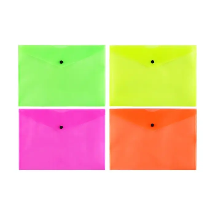 Набор папок-конвертов на кнопке 4 штуки, А4, 180 мкм, Calligrata Neon, полупрозрачные, неоновый МИКС