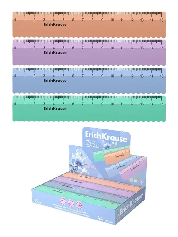 Линейка 15 см ErichKrause Pastel Bloom, волнистый край, МИКС