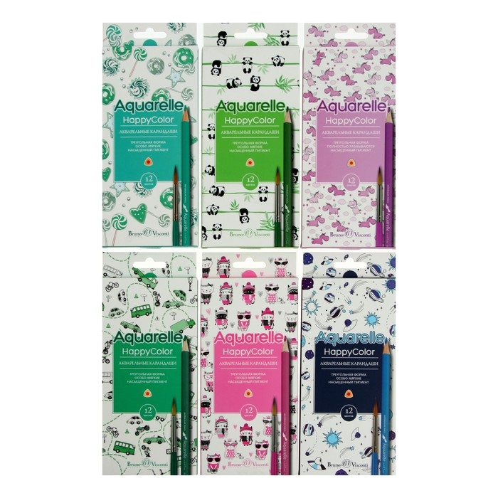Карандаши акварельные 12 цветов HappyColor, МИКС Карандаши акварельные 12 цветов HappyColor, МИКС