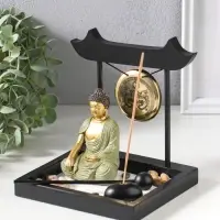 Сад Дзен "Будда в зелёном у гонга" песок+камни+аромапалочки 13,2х15х16 см