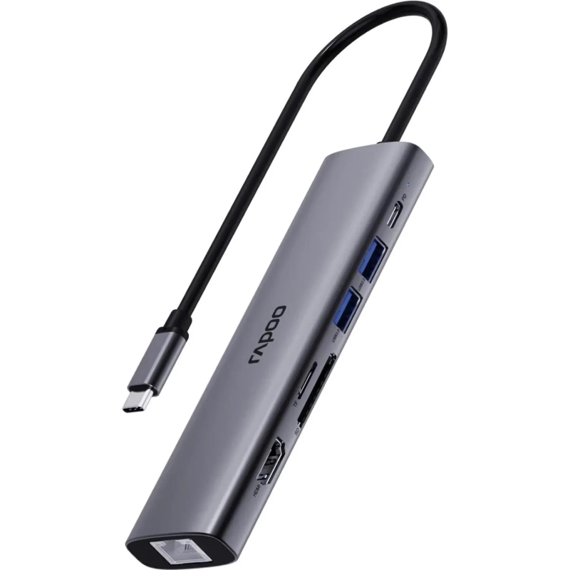 Разветвитель USB RAPOO 7в1 USB-C - PD+HDMI+USB+SD,TF+RJ45(13242)XD71-SGRY